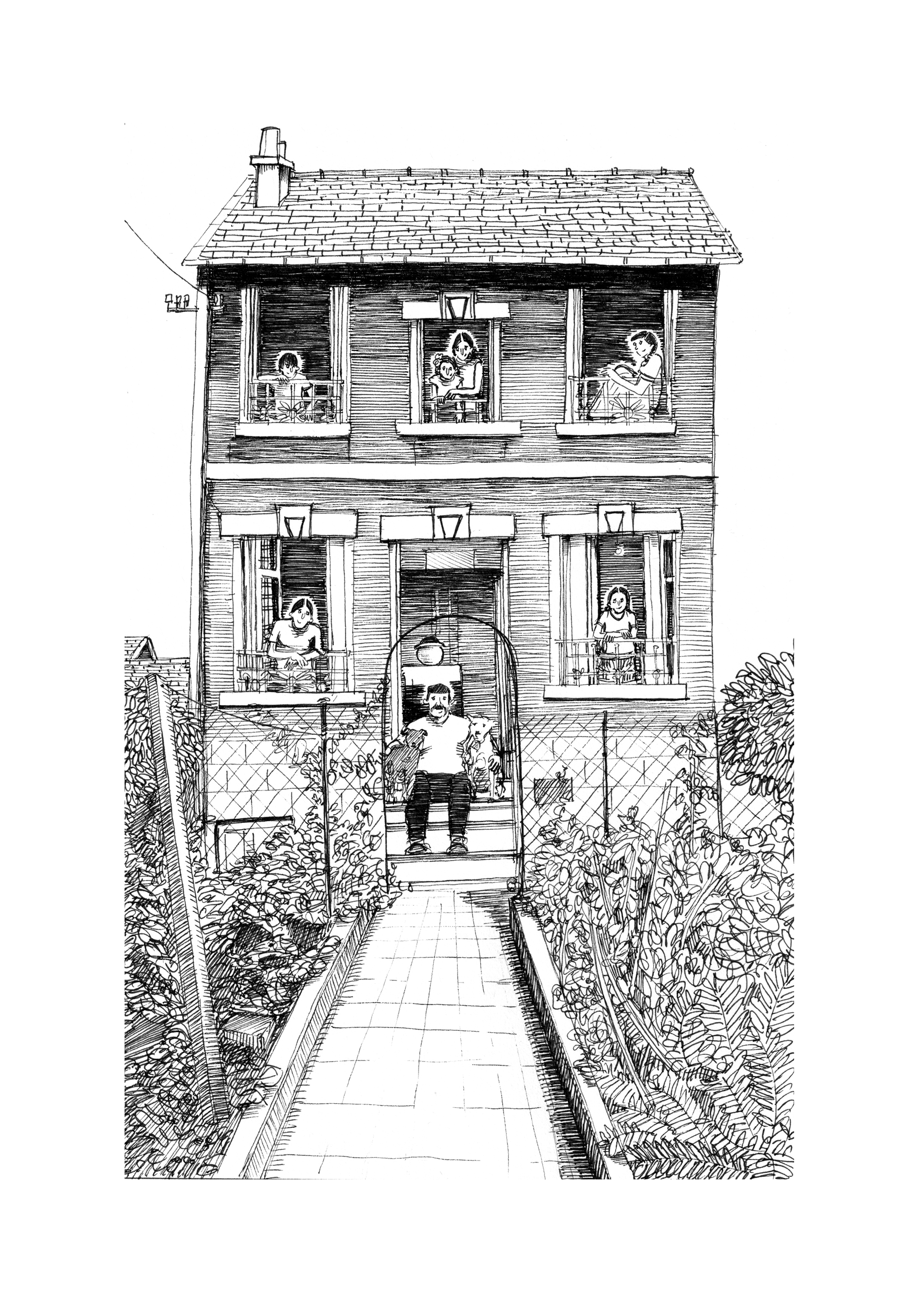 illustration Maison traditionnelle avec personnages aux fenêtres