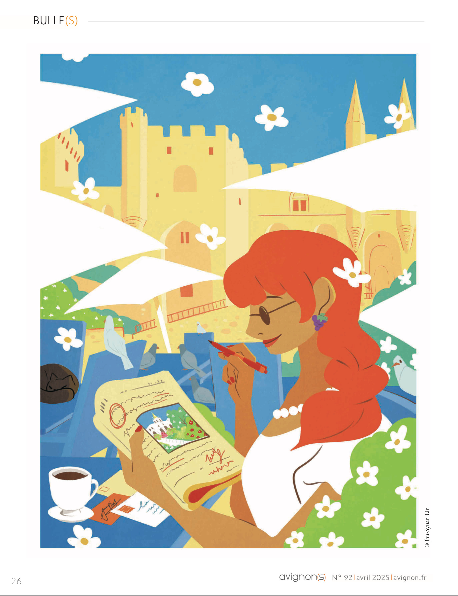 illustration Lecture au café devant un château ensoleillé